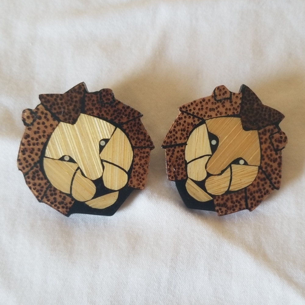 Lion Head Wood Earrings